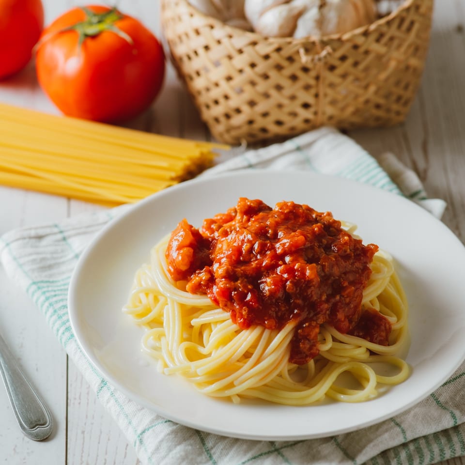 Spaghetti with red meat sauce on a white plate, with tomatoes, raw pasta, and garlic in the background.
