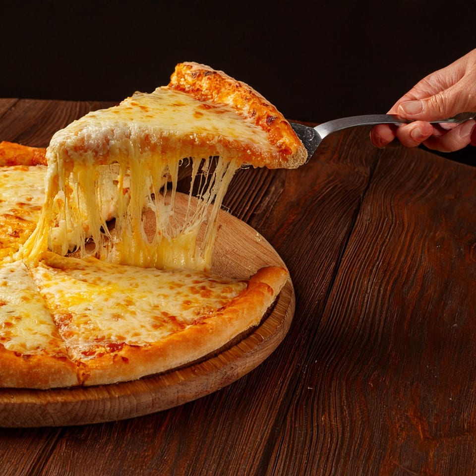 A hand lifts a slice of cheese pizza with melted cheese stretching from the pie.